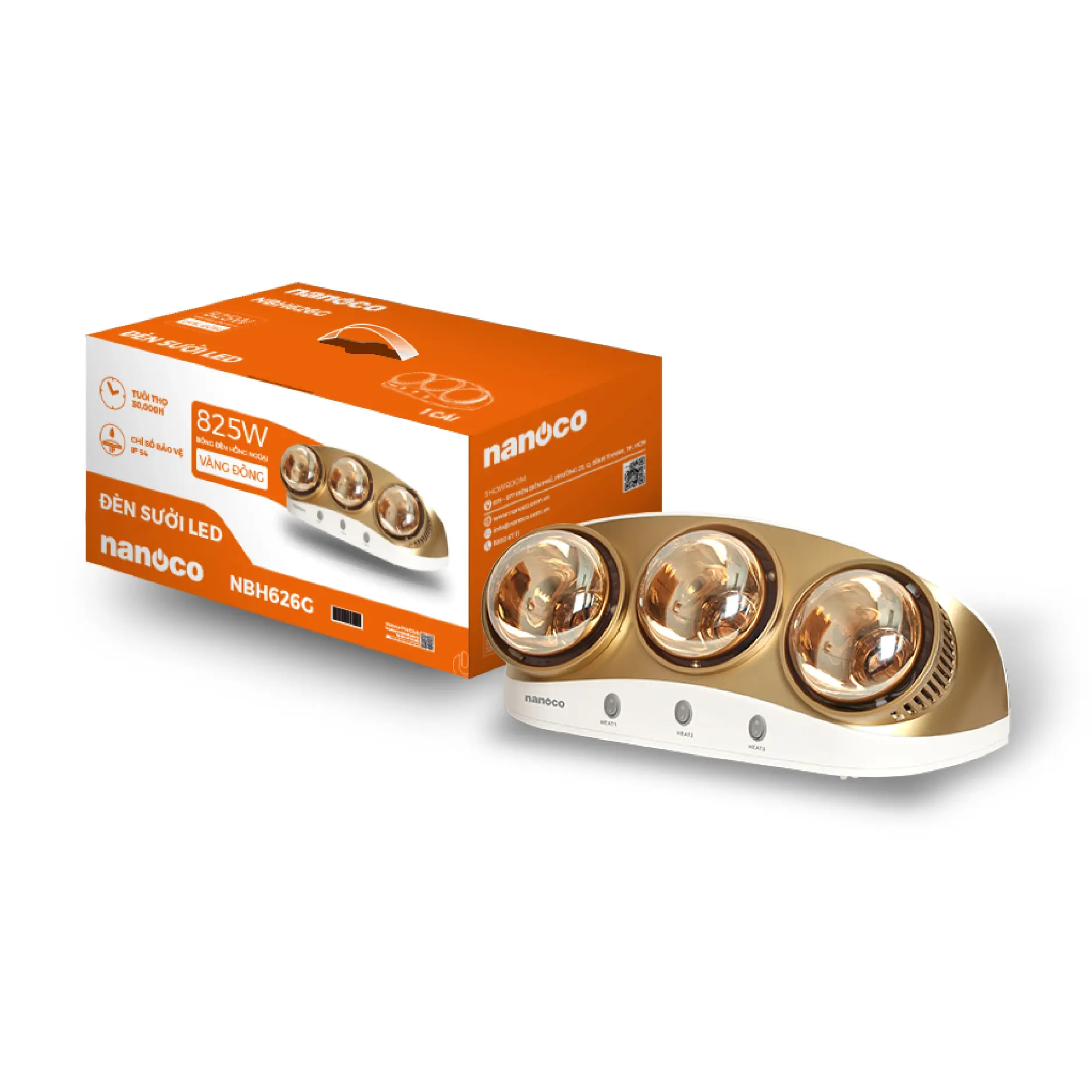 Đèn sưởi gắn tường 3x275W 220V, mặt màu vàng đồng, thân màu trắng Nanoco NBH626G - Ảnh 2