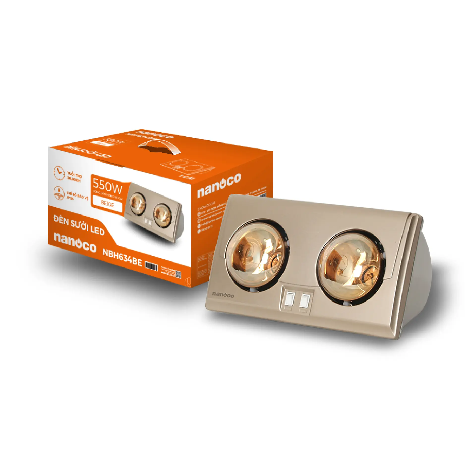 Đèn sưởi gắn tường 2x275W 220V, mặt màu beige, thân màu bạc Nanoco NBH634BE - Ảnh 2