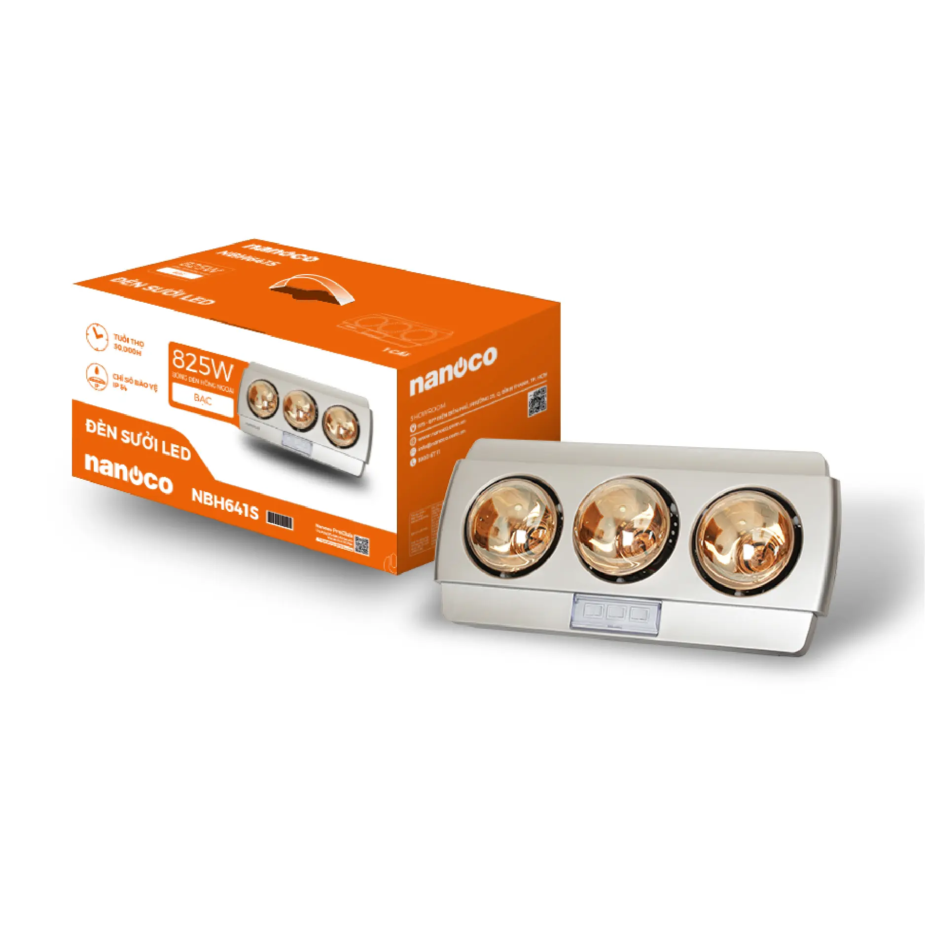 Đèn sưởi gắn tường 3x275W 220V, mặt màu bạc, thân màu bạc Nanoco NBH641S - Ảnh 2