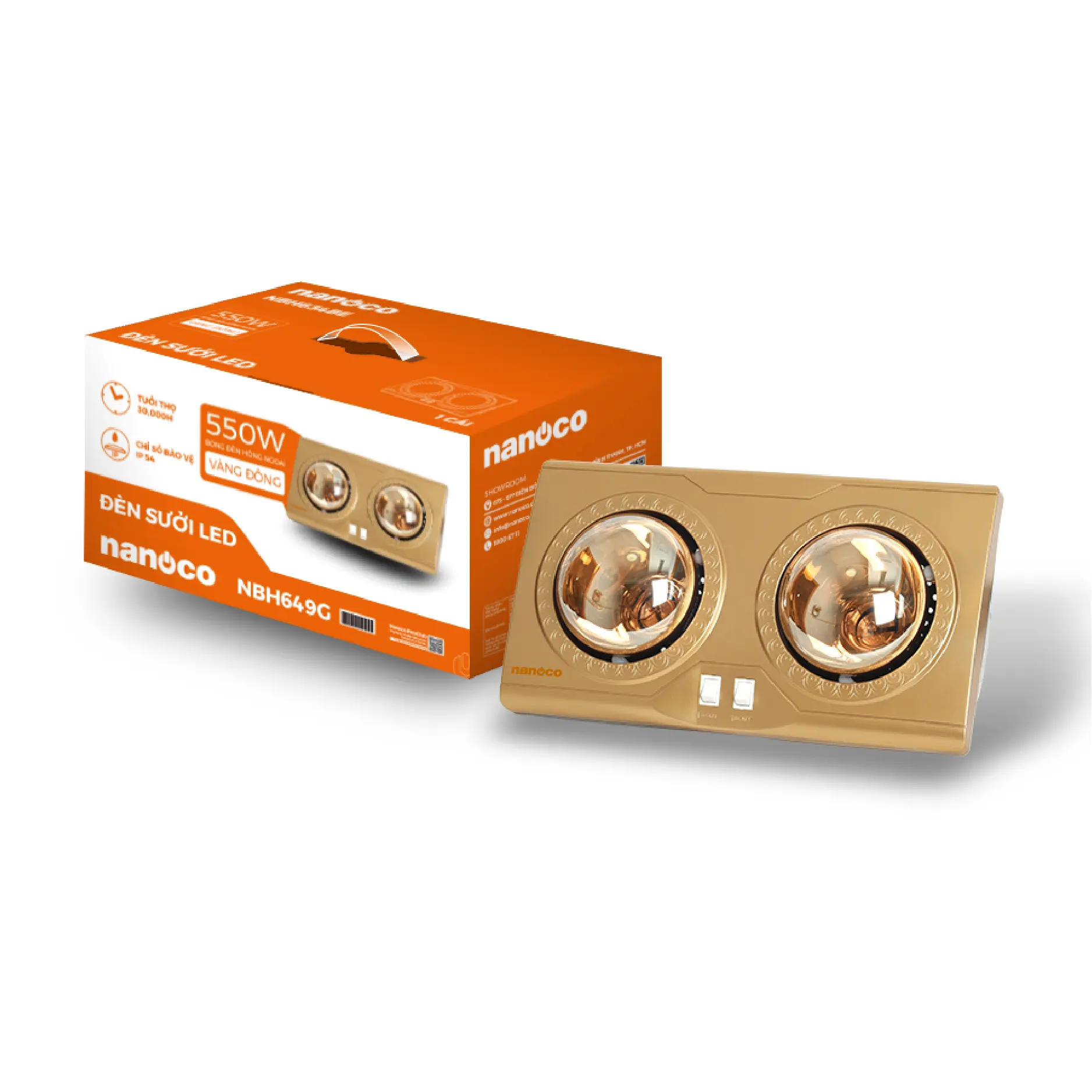 Đèn sưởi gắn tường 2x275W 220V, mặt màu vàng đồng, thân màu bạc Nanoco NBH649G - Ảnh 2