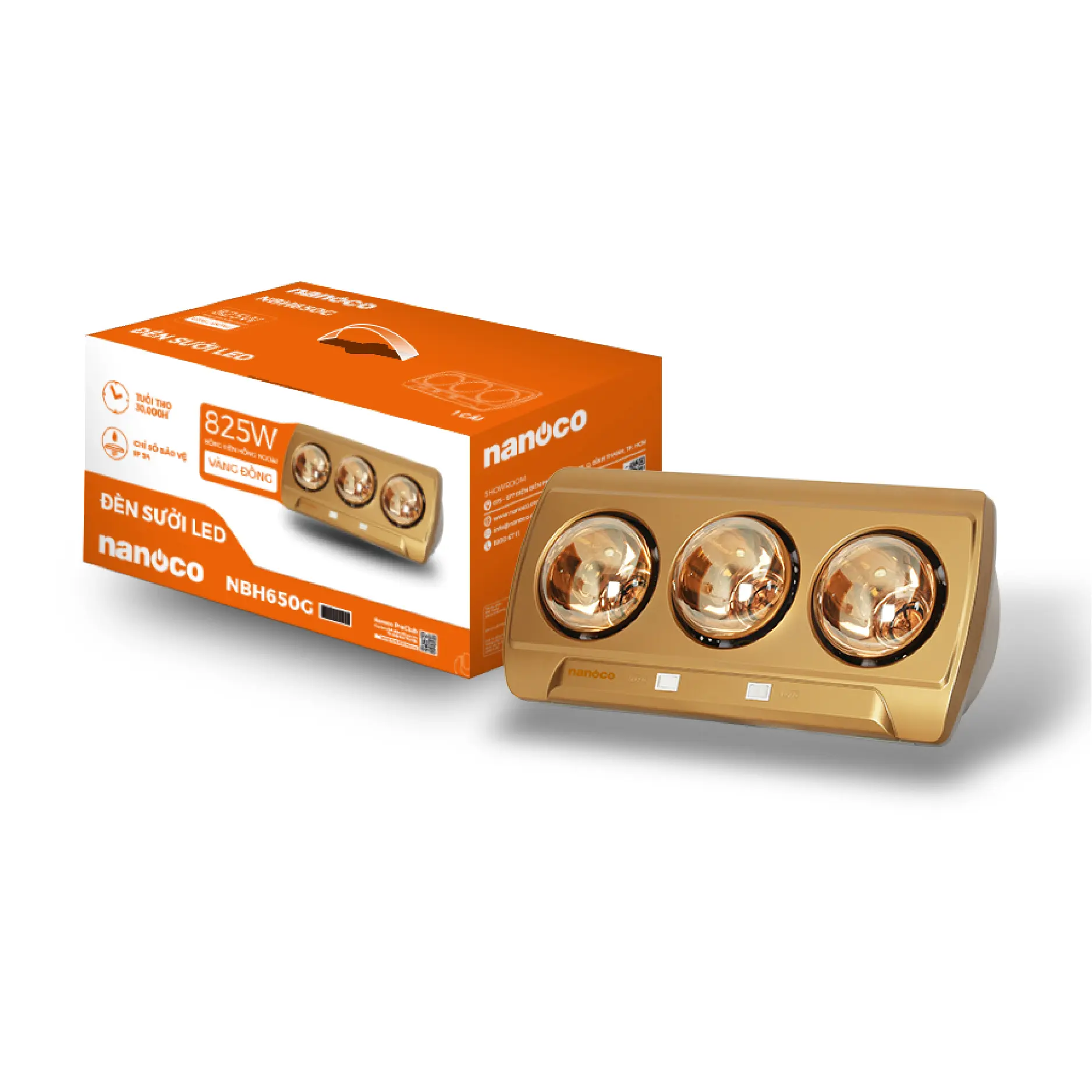 Đèn sưởi gắn tường 3x275W 220V, mặt màu vàng đồng, thân màu bạc Nanoco NBH650G - Ảnh 2