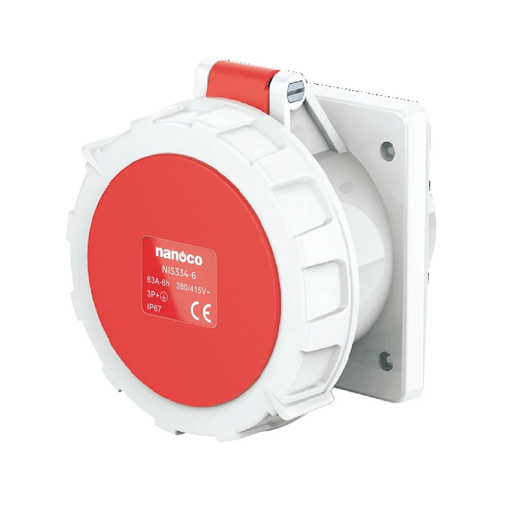 Ổ cắm gắn âm dạng thẳng 4P 63A 400V 6H IP67 Nanoco NIS334-6