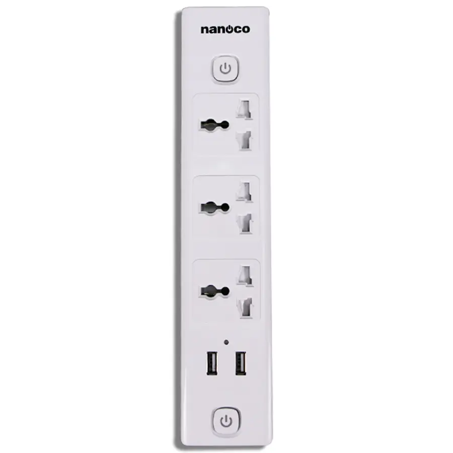Ổ cắm có dây 3 mét 15A, 3 ổ cắm đa năng + 2 ổ cắm USB + 2 công tắc Nanoco NES332U-3