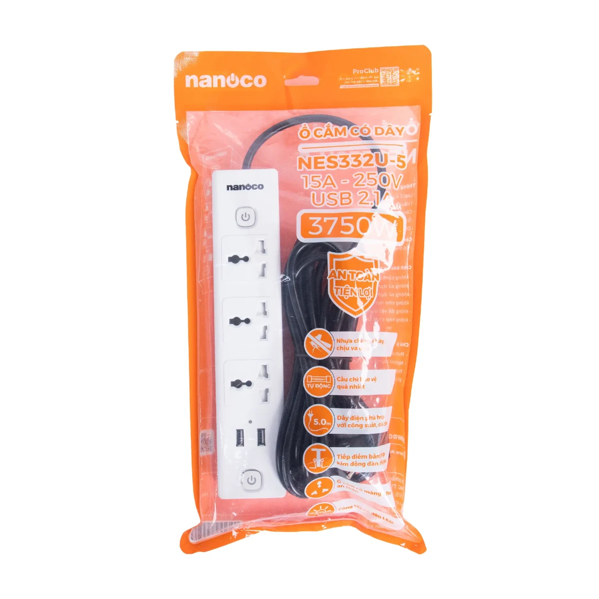 Ổ cắm có dây 5 mét 15A, 3 ổ cắm đa năng + 2 ổ cắm USB + 2 công tắc Nanoco NES332U-5 - Ảnh 2