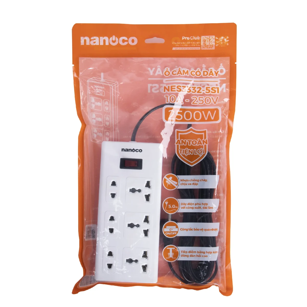 Ổ cắm có dây 3 mét 10A, 3 ổ cắm đa năng + 3 ổ cắm 2 chấu + 1 công tắc Nanoco NES3332-5S1 - Ảnh 2