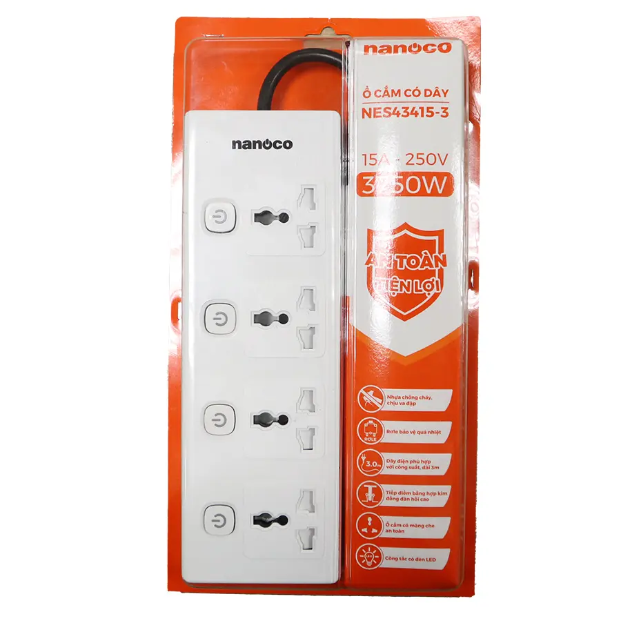 Ổ cắm có dây 3 mét 15A, 4 ổ cắm đa năng + 4 công tắc Nanoco NES43415-3 - Ảnh 2