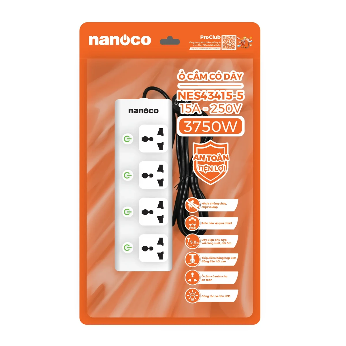 Ổ cắm có dây 5 mét 15A, 4 ổ cắm đa năng + 4 công tắc Nanoco NES43415-5 - Ảnh 2