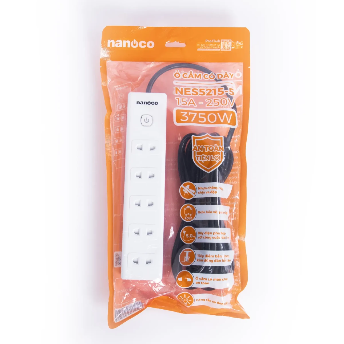 Ổ cắm có dây 5 mét 15A, 5 ổ cắm 2 chấu + 1 công tắc Nanoco NES5215-5 - Ảnh 2